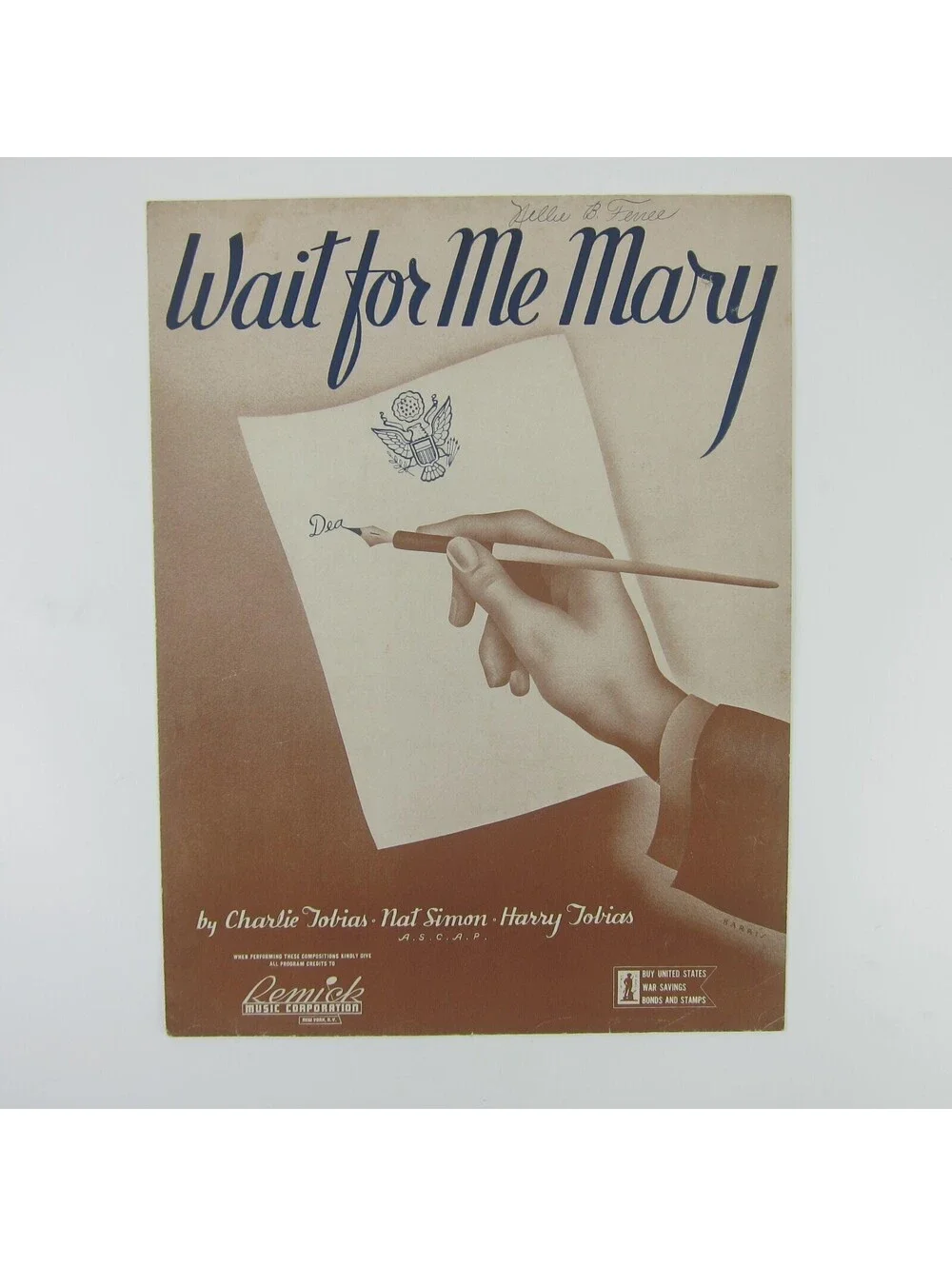 Sheet Music Wait For Me Mary Nat Simon Charlie & Harry Tobias Vintage 1943